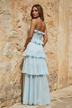 Sky Blue Halter Sheath Pleated Chiffon Long Prom Dresses With Ruffles - Curvevia