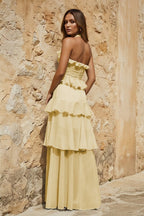 Sky Blue Halter Sheath Pleated Chiffon Long Prom Dresses With Ruffles - Curvevia