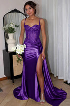 Silver Spaghetti Straps Mermaid Appliqued Prom Dress With Split - Curvevia