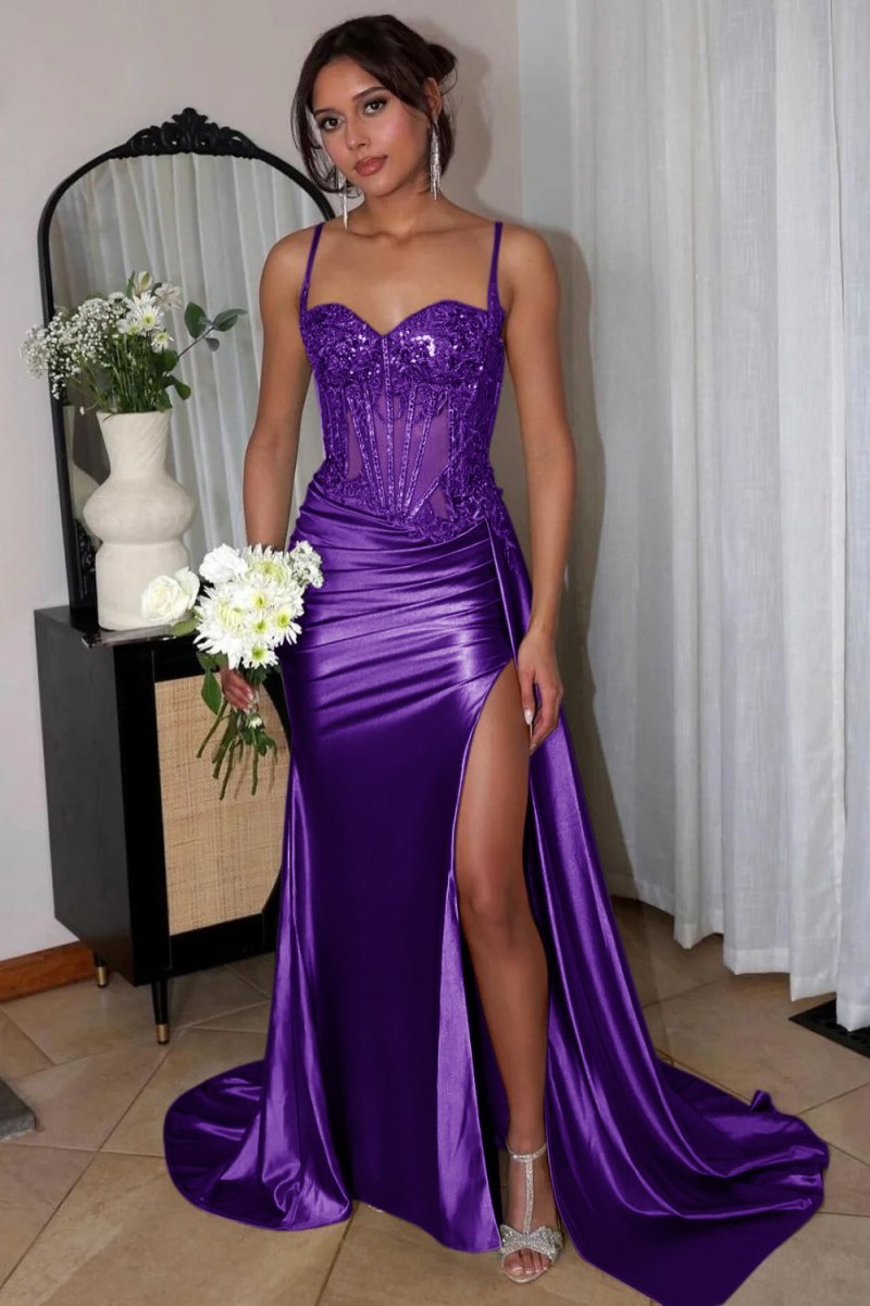 Silver Spaghetti Straps Mermaid Appliqued Prom Dress With Split - Curvevia