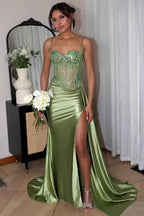 Silver Spaghetti Straps Mermaid Appliqued Prom Dress With Split - Curvevia