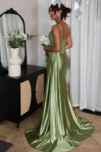 Silver Spaghetti Straps Mermaid Appliqued Prom Dress With Split - Curvevia