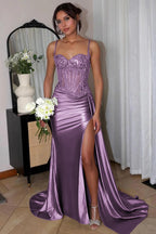 Silver Spaghetti Straps Mermaid Appliqued Prom Dress With Split - Curvevia