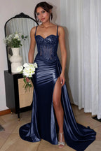 Silver Spaghetti Straps Mermaid Appliqued Prom Dress With Split - Curvevia