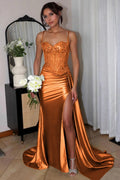 Silver Spaghetti Straps Mermaid Appliqued Prom Dress With Split - Curvevia