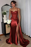 Silver Spaghetti Straps Mermaid Appliqued Prom Dress With Split - Curvevia