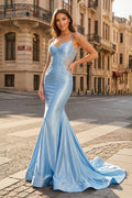 Spaghetti Straps Light Blue Appliques Mermaid Evening Dress - Curvevia