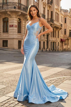 Spaghetti Straps Light Blue Appliques Mermaid Evening Dress - Curvevia