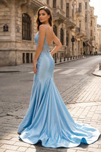 Spaghetti Straps Light Blue Appliques Mermaid Evening Dress - Curvevia