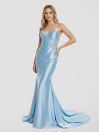 Spaghetti Straps Light Blue Appliques Mermaid Evening Dress - Curvevia