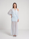 Sky Blue Chiffon Column Halter neckline Side Zip Floor-Length Dress with Mid Sleeves and Pleated Bodice - Curvevia