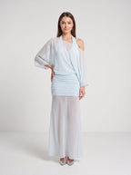 Sky Blue Chiffon Column Halter neckline Side Zip Floor-Length Dress with Mid Sleeves and Pleated Bodice - Curvevia