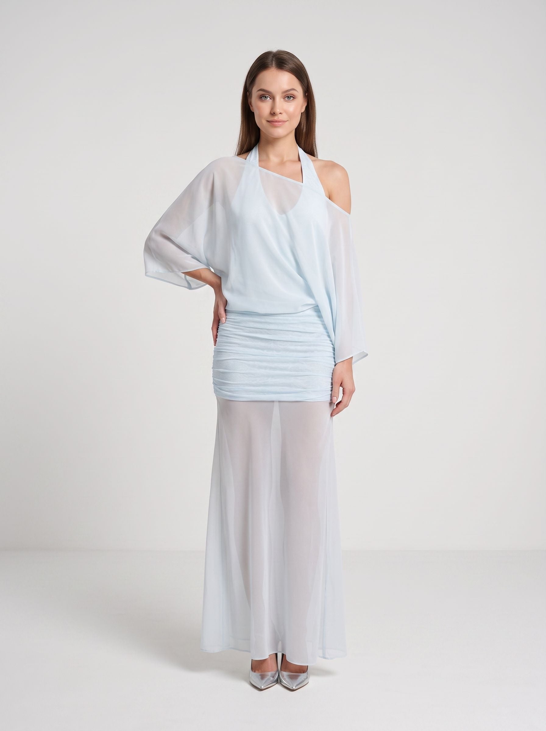 Sky Blue Chiffon Column Halter neckline Side Zip Floor-Length Dress with Mid Sleeves and Pleated Bodice - Curvevia