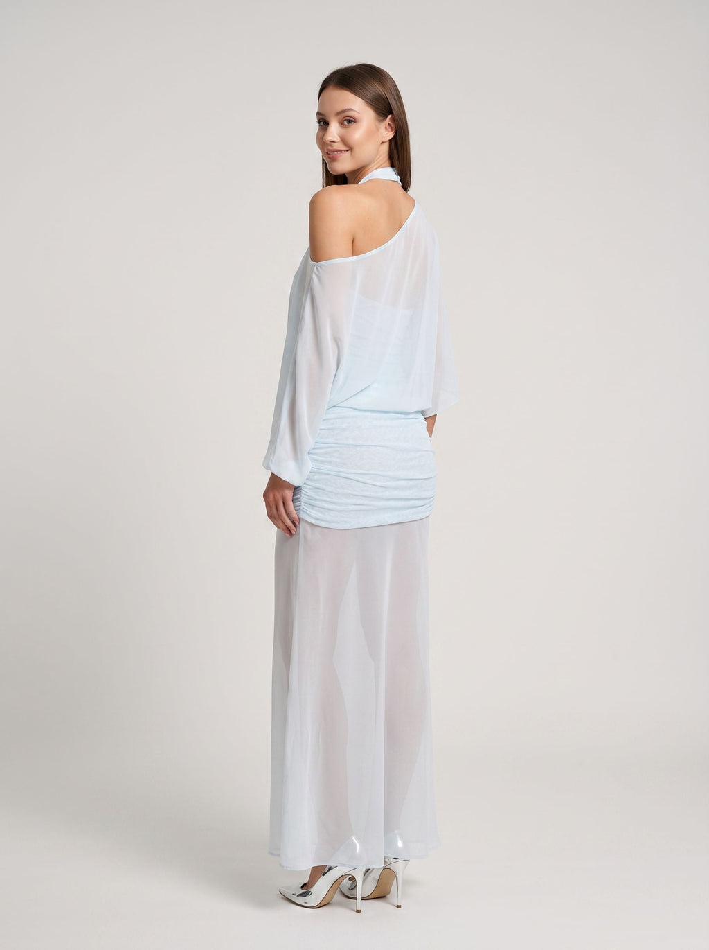 Sky Blue Chiffon Column Halter neckline Side Zip Floor-Length Dress with Mid Sleeves and Pleated Bodice - Curvevia
