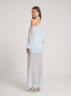 Sky Blue Chiffon Column Halter neckline Side Zip Floor-Length Dress with Mid Sleeves and Pleated Bodice - Curvevia
