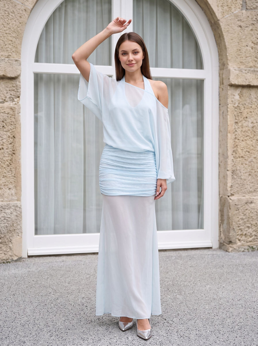 Sky Blue Chiffon Column Halter neckline Side Zip Floor-Length Dress with Mid Sleeves and Pleated Bodice - Curvevia