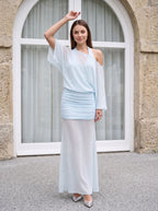 Sky Blue Chiffon Column Halter neckline Side Zip Floor-Length Dress with Mid Sleeves and Pleated Bodice - Curvevia