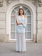 Sky Blue Chiffon Column Halter neckline Side Zip Floor-Length Dress with Mid Sleeves and Pleated Bodice - Curvevia