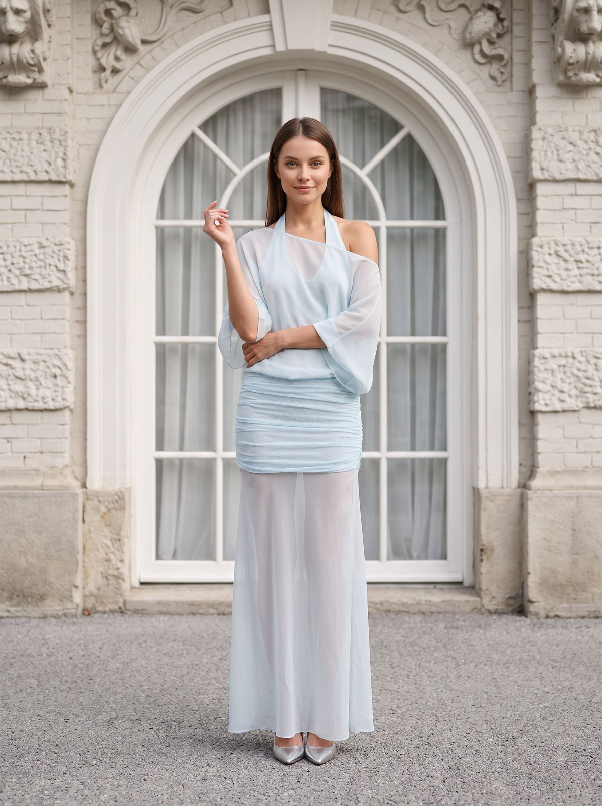 Sky Blue Chiffon Column Halter neckline Side Zip Floor-Length Dress with Mid Sleeves and Pleated Bodice - Curvevia