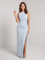 Mist Matte Satin Sheath Scoop Neck Backless Floor-Length Dress - Curvevia
