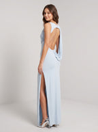 Mist Matte Satin Sheath Scoop Neck Backless Floor-Length Dress - Curvevia