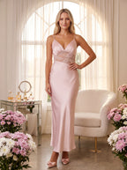 Blushing Pink Satin Sheath V-Neck Backless Floor-Length Dress with Scalloped Trim - Curvevia