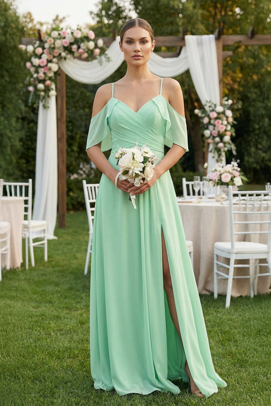 Chiffon A-Line Long Bridesmaid Dress in Pale Pistachio - Curvevia