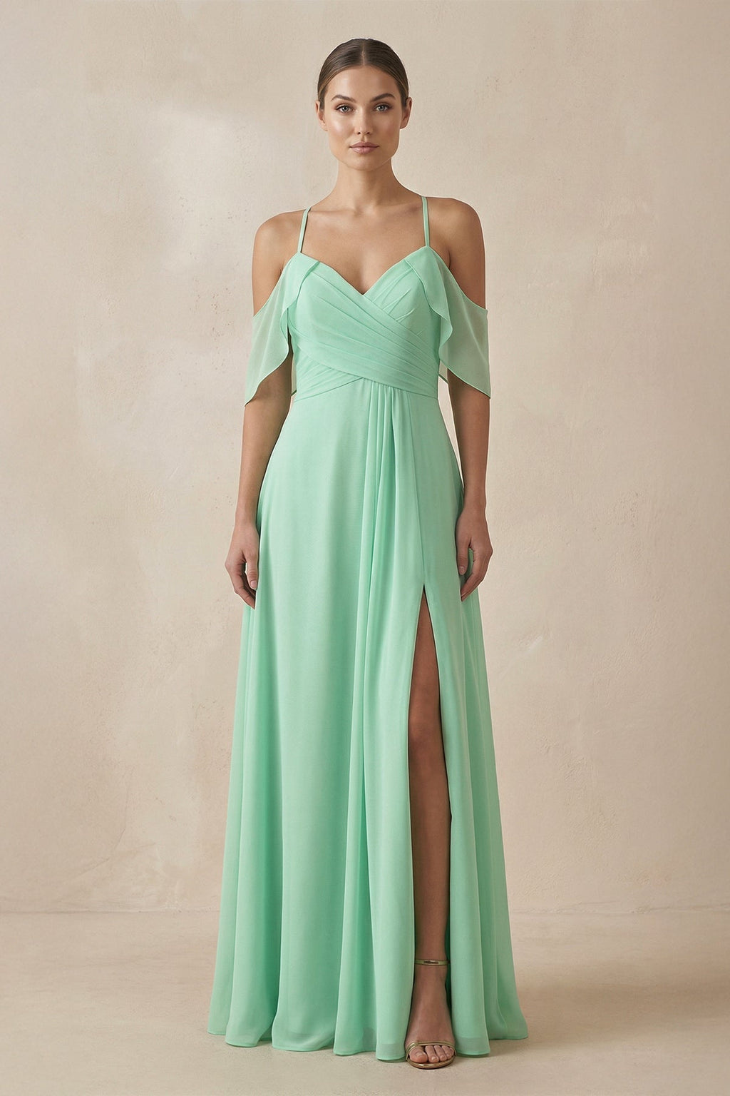 Chiffon A-Line Long Bridesmaid Dress in Pale Pistachio - Curvevia