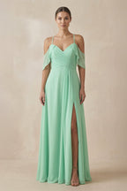 Chiffon A-Line Long Bridesmaid Dress in Pale Pistachio - Curvevia