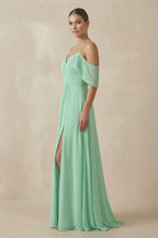 Chiffon A-Line Long Bridesmaid Dress in Pale Pistachio - Curvevia