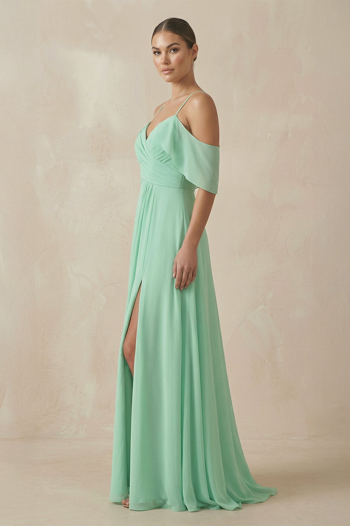 Chiffon A-Line Long Bridesmaid Dress in Pale Pistachio - Curvevia