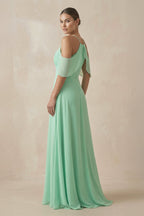 Chiffon A-Line Long Bridesmaid Dress in Pale Pistachio - Curvevia
