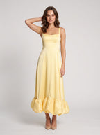 Daffodil Satin A-Line Square Neck Backless Floor-Length Dress with Ruffled Hemline - Curvevia