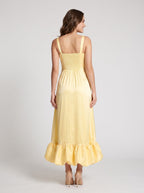 Daffodil Satin A-Line Square Neck Backless Floor-Length Dress with Ruffled Hemline - Curvevia
