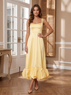 Daffodil Satin A-Line Square Neck Backless Floor-Length Dress with Ruffled Hemline - Curvevia