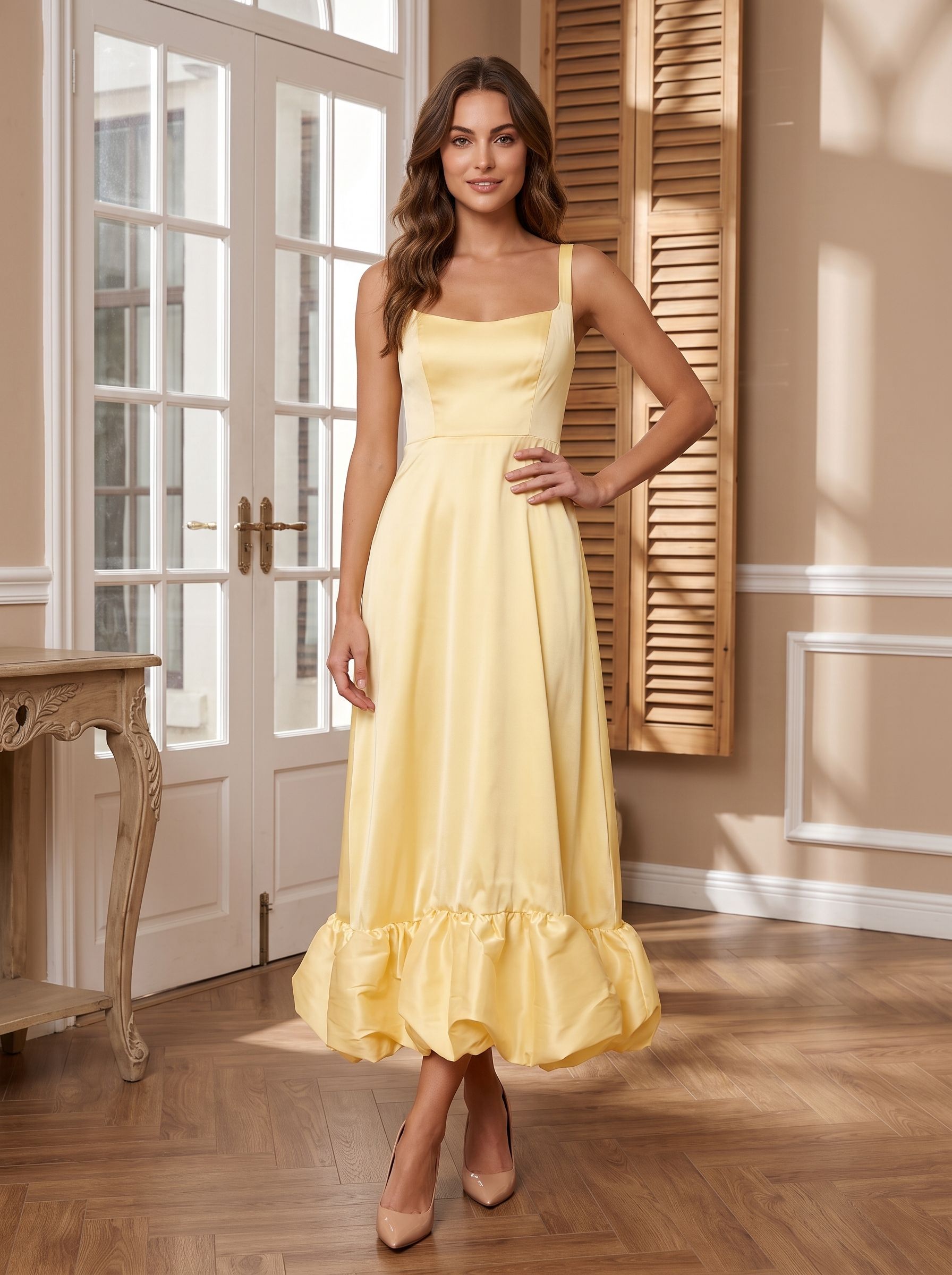 Daffodil Satin A-Line Square Neck Backless Floor-Length Dress with Ruffled Hemline - Curvevia
