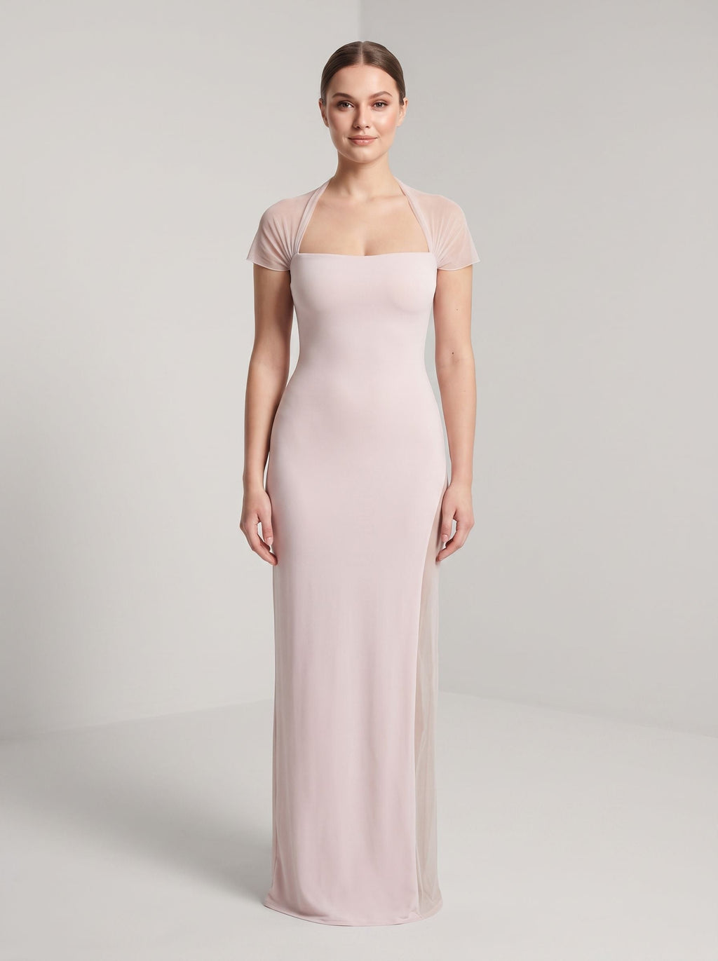 Blushing Pink Stretch Knit Sheath Straight Neck Floor-Length Dress - Curvevia