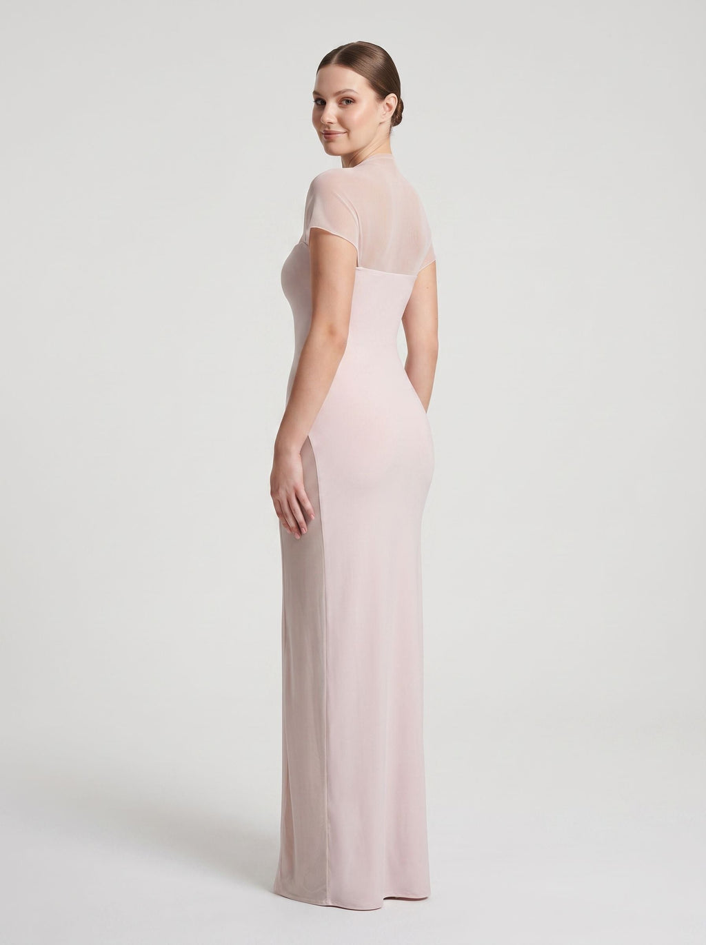 Blushing Pink Stretch Knit Sheath Straight Neck Floor-Length Dress - Curvevia