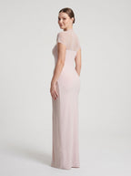 Blushing Pink Stretch Knit Sheath Straight Neck Floor-Length Dress - Curvevia