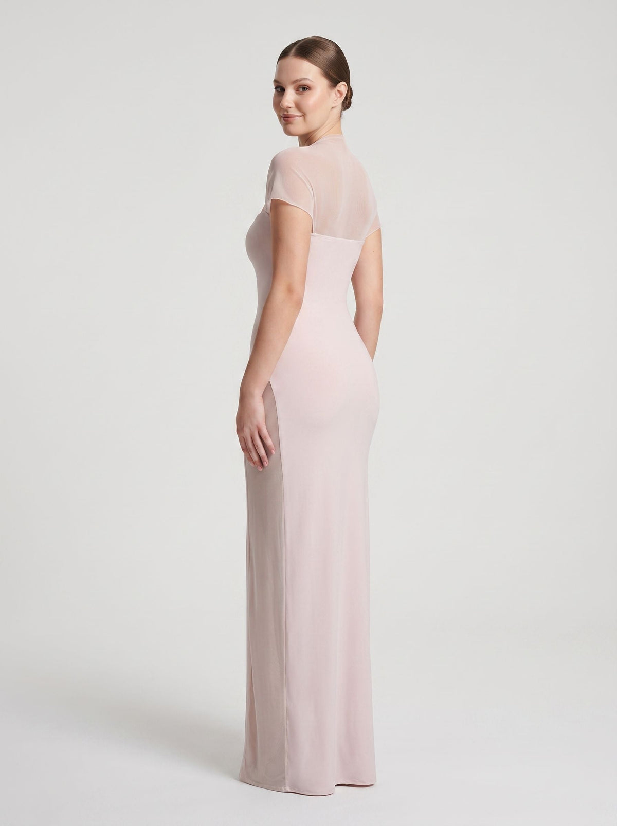 Blushing Pink Stretch Knit Sheath Straight Neck Floor-Length Dress - Curvevia