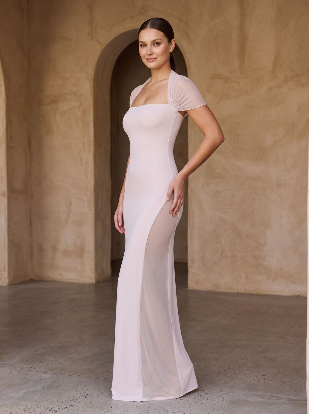 Blushing Pink Stretch Knit Sheath Straight Neck Floor-Length Dress - Curvevia