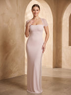 Blushing Pink Stretch Knit Sheath Straight Neck Floor-Length Dress - Curvevia
