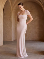 Blushing Pink Stretch Knit Sheath Straight Neck Floor-Length Dress - Curvevia