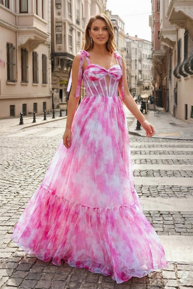 Pink Floral Print Corset A-Line Long Prom Dress with Bow Tie Straps - Curvevia