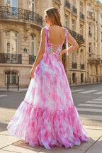Pink Floral Print Corset A-Line Long Prom Dress with Bow Tie Straps - Curvevia