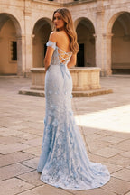 Off The Shoulder Floral Lace Long Prom Dress With Split - Curvevia