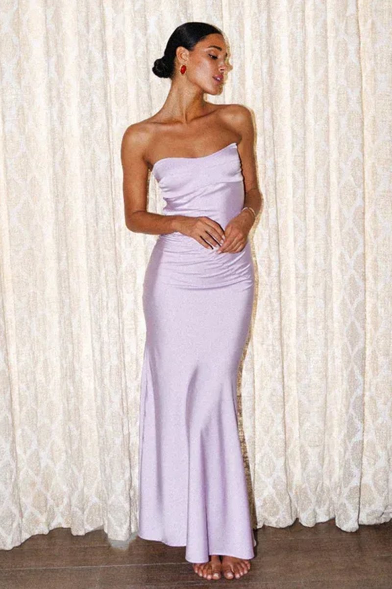 Lavender Strapless Sheath Satin Open Back Long Evening Dress - Curvevia