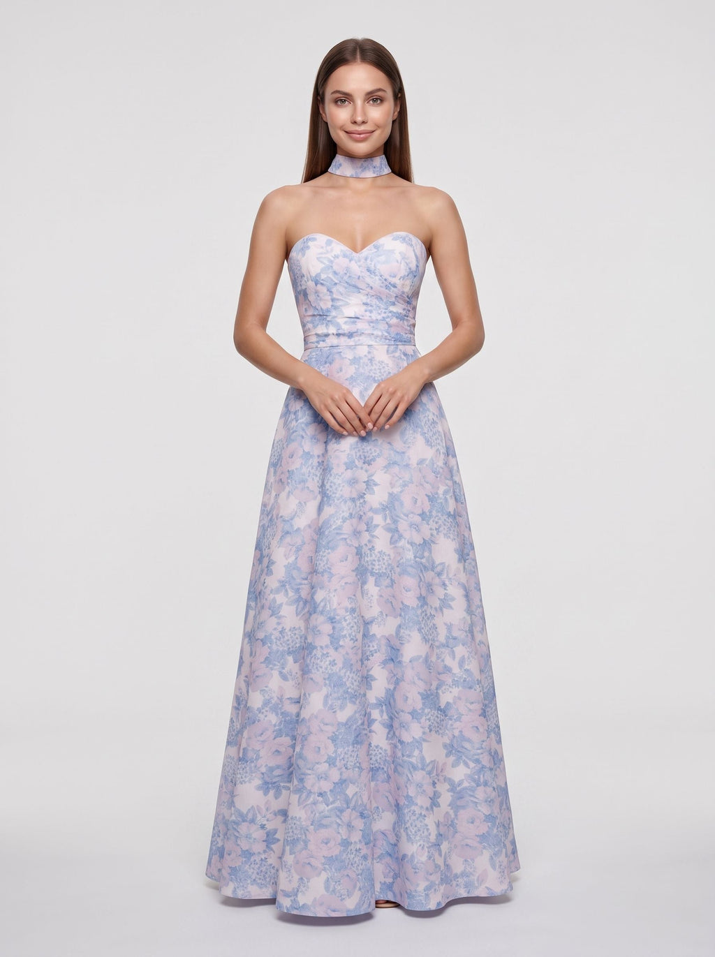 Blue Floral Satin A-Line Sweetheart Back Zip Floor-Length Dress with Removable Belt - Curvevia