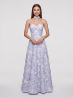 Blue Floral Satin A-Line Sweetheart Back Zip Floor-Length Dress with Removable Belt - Curvevia
