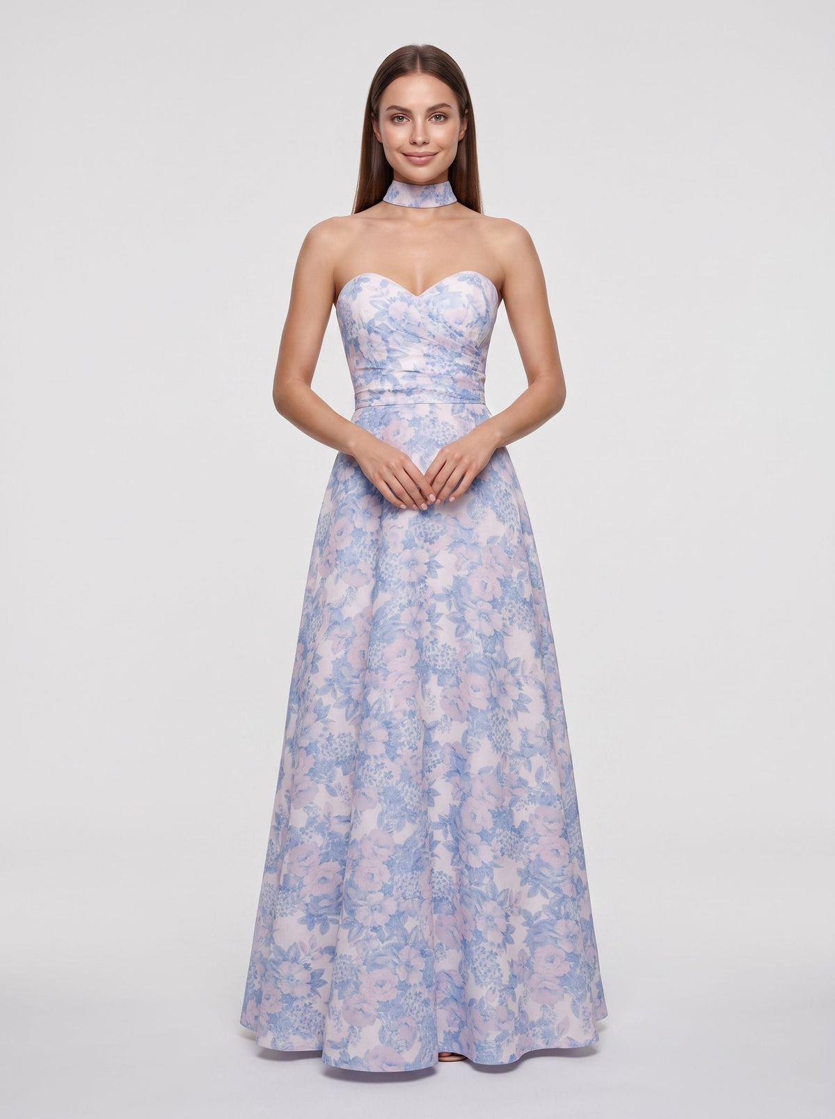 Blue Floral Satin A-Line Sweetheart Back Zip Floor-Length Dress with Removable Belt - Curvevia